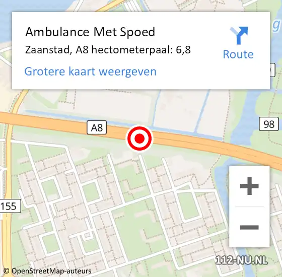 Locatie op kaart van de 112 melding: Ambulance Met Spoed Naar Zaanstad, A8 hectometerpaal: 6,8 op 3 augustus 2024 18:39