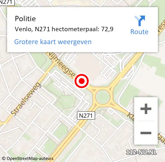 Locatie op kaart van de 112 melding: Politie Venlo, N271 hectometerpaal: 72,9 op 3 augustus 2024 19:21