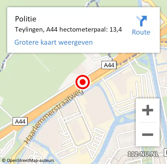 Locatie op kaart van de 112 melding: Politie Teylingen, A44 hectometerpaal: 13,4 op 3 augustus 2024 19:25