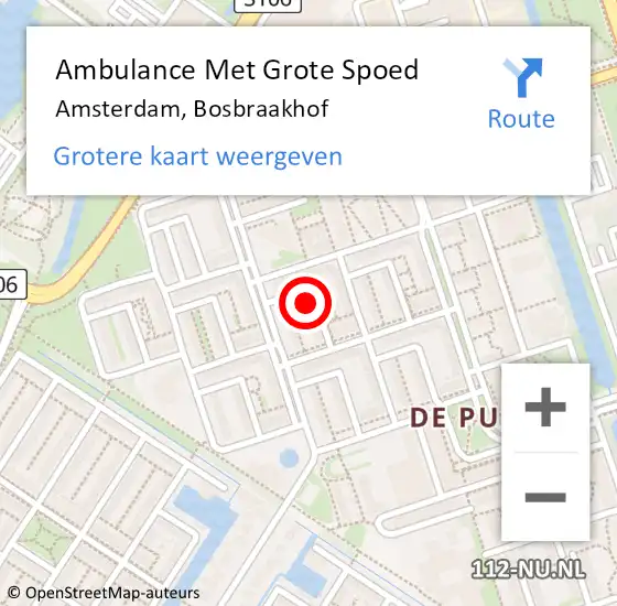 Locatie op kaart van de 112 melding: Ambulance Met Grote Spoed Naar Amsterdam, Bosbraakhof op 3 augustus 2024 19:25