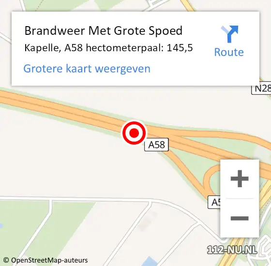 Locatie op kaart van de 112 melding: Brandweer Met Grote Spoed Naar Kapelle, A58 hectometerpaal: 145,5 op 3 augustus 2024 19:40