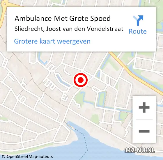 Locatie op kaart van de 112 melding: Ambulance Met Grote Spoed Naar Sliedrecht, Joost van den Vondelstraat op 3 augustus 2024 19:53