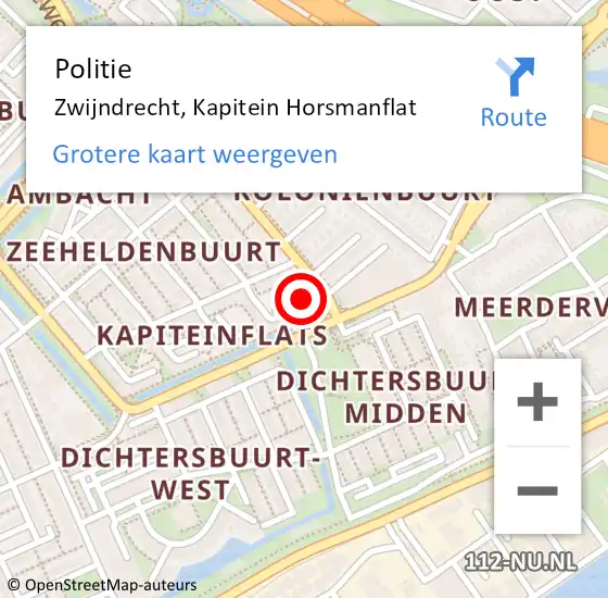 Locatie op kaart van de 112 melding: Politie Zwijndrecht, Kapitein Horsmanflat op 3 augustus 2024 20:16