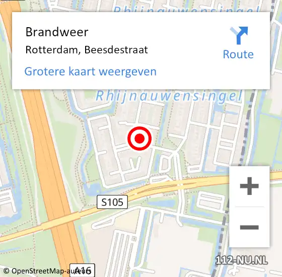 Locatie op kaart van de 112 melding: Brandweer Rotterdam, Beesdestraat op 3 augustus 2024 20:40