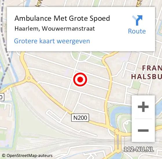 Locatie op kaart van de 112 melding: Ambulance Met Grote Spoed Naar Haarlem, Wouwermanstraat op 3 augustus 2024 20:56