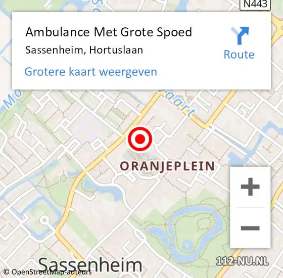 Locatie op kaart van de 112 melding: Ambulance Met Grote Spoed Naar Sassenheim, Hortuslaan op 3 augustus 2024 21:53