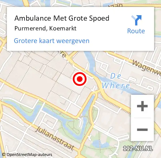 Locatie op kaart van de 112 melding: Ambulance Met Grote Spoed Naar Purmerend, Koemarkt op 3 augustus 2024 22:04