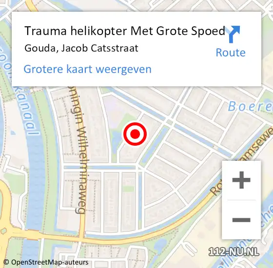 Locatie op kaart van de 112 melding: Trauma helikopter Met Grote Spoed Naar Gouda, Jacob Catsstraat op 3 augustus 2024 22:14