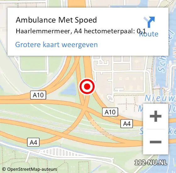 Locatie op kaart van de 112 melding: Ambulance Met Spoed Naar Haarlemmermeer, A4 hectometerpaal: 0,1 op 3 augustus 2024 23:00