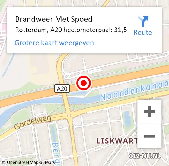 Locatie op kaart van de 112 melding: Brandweer Met Spoed Naar Rotterdam, A20 hectometerpaal: 31,5 op 3 augustus 2024 23:51