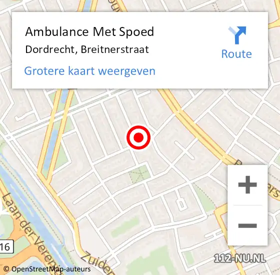 Locatie op kaart van de 112 melding: Ambulance Met Spoed Naar Dordrecht, Breitnerstraat op 4 augustus 2024 00:05