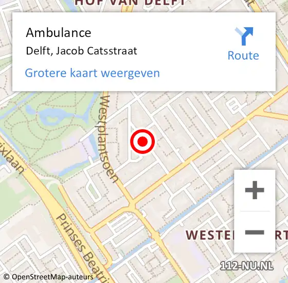 Locatie op kaart van de 112 melding: Ambulance Delft, Jacob Catsstraat op 4 augustus 2024 00:11