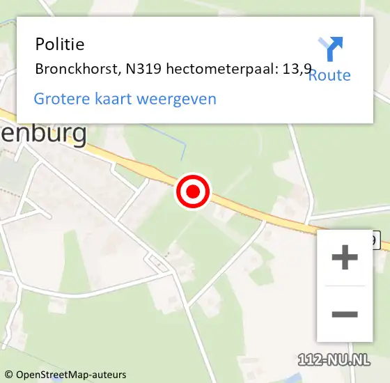 Locatie op kaart van de 112 melding: Politie Bronckhorst, N319 hectometerpaal: 13,9 op 4 augustus 2024 00:15