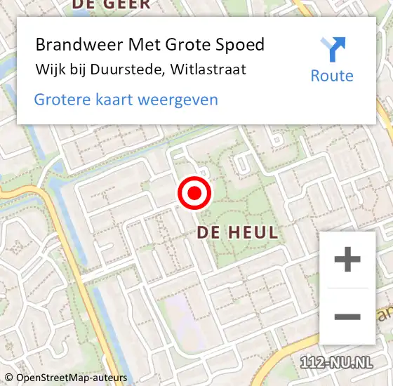 Locatie op kaart van de 112 melding: Brandweer Met Grote Spoed Naar Wijk bij Duurstede, Witlastraat op 4 augustus 2024 00:24