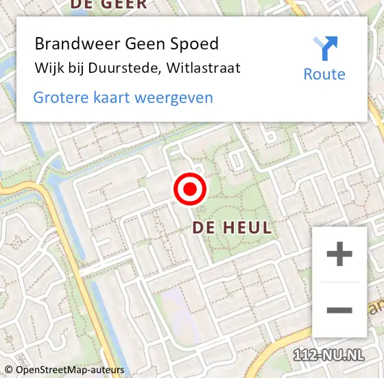 Locatie op kaart van de 112 melding: Brandweer Geen Spoed Naar Wijk bij Duurstede, Witlastraat op 4 augustus 2024 00:27