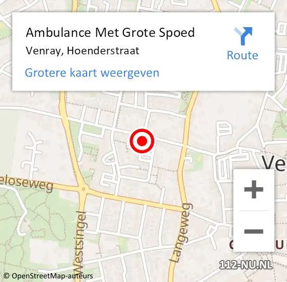 Locatie op kaart van de 112 melding: Ambulance Met Grote Spoed Naar Venray, Hoenderstraat op 4 augustus 2024 01:43