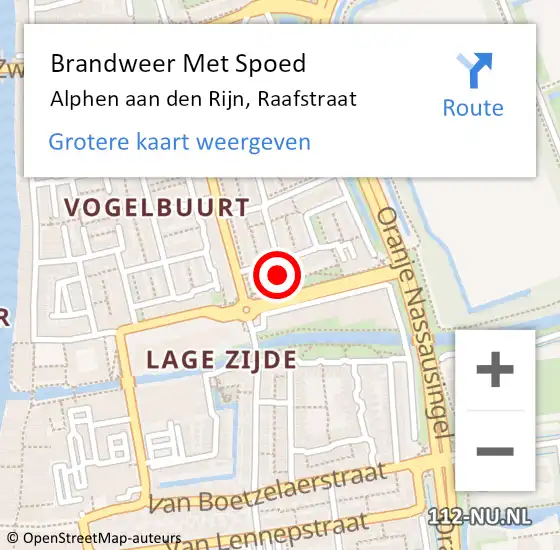 Locatie op kaart van de 112 melding: Brandweer Met Spoed Naar Alphen aan den Rijn, Raafstraat op 4 augustus 2024 08:52