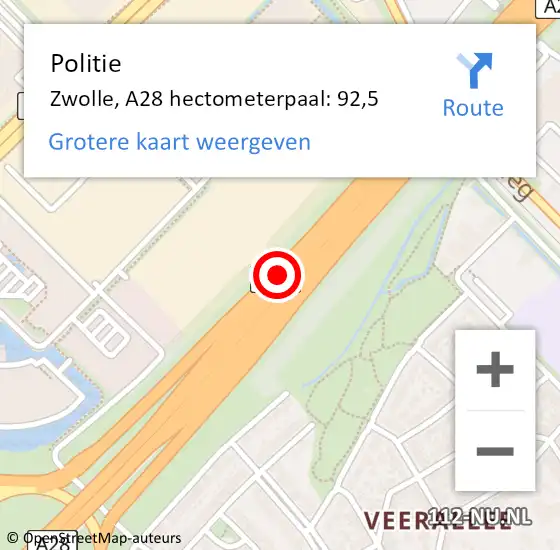 Locatie op kaart van de 112 melding: Politie Zwolle, A28 hectometerpaal: 92,5 op 4 augustus 2024 09:17