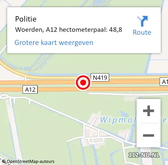 Locatie op kaart van de 112 melding: Politie Woerden, A12 hectometerpaal: 48,8 op 4 augustus 2024 09:30