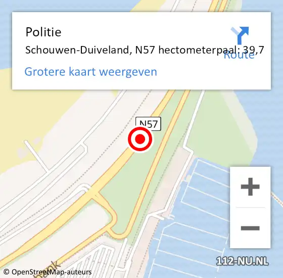 Locatie op kaart van de 112 melding: Politie Schouwen-Duiveland, N57 hectometerpaal: 39,7 op 4 augustus 2024 09:32