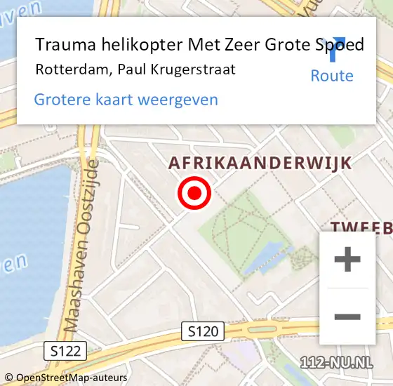 Locatie op kaart van de 112 melding: Trauma helikopter Met Zeer Grote Spoed Naar Rotterdam, Paul Krugerstraat op 4 augustus 2024 09:42
