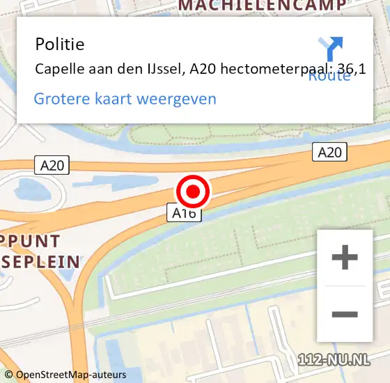 Locatie op kaart van de 112 melding: Politie Capelle aan den IJssel, A20 hectometerpaal: 36,1 op 4 augustus 2024 10:17