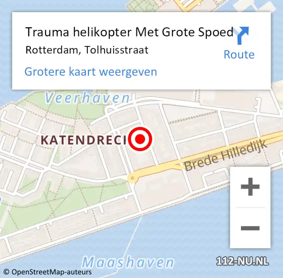 Locatie op kaart van de 112 melding: Trauma helikopter Met Grote Spoed Naar Rotterdam, Tolhuisstraat op 4 augustus 2024 10:43