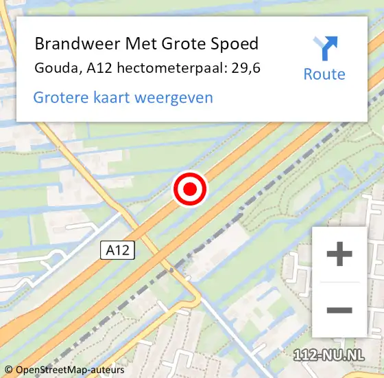 Locatie op kaart van de 112 melding: Brandweer Met Grote Spoed Naar Gouda, A12 hectometerpaal: 29,6 op 4 augustus 2024 12:08