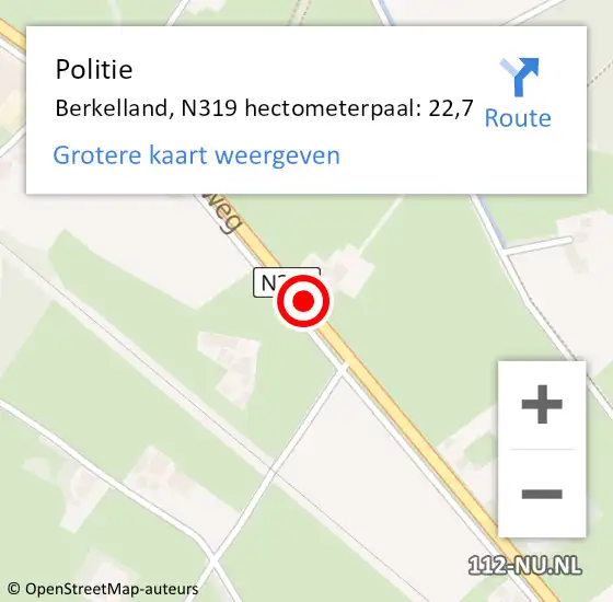 Locatie op kaart van de 112 melding: Politie Berkelland, N319 hectometerpaal: 22,7 op 4 augustus 2024 14:13