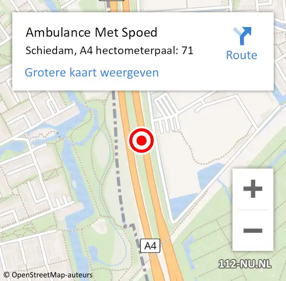Locatie op kaart van de 112 melding: Ambulance Met Spoed Naar Schiedam, A4 hectometerpaal: 71 op 4 augustus 2024 15:32