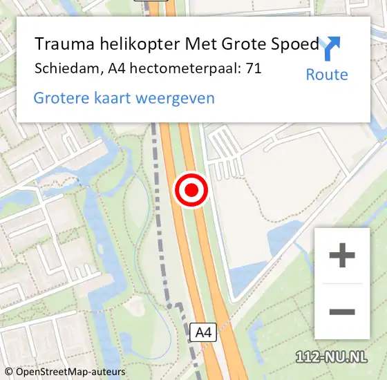 Locatie op kaart van de 112 melding: Trauma helikopter Met Grote Spoed Naar Schiedam, A4 hectometerpaal: 71 op 4 augustus 2024 15:33