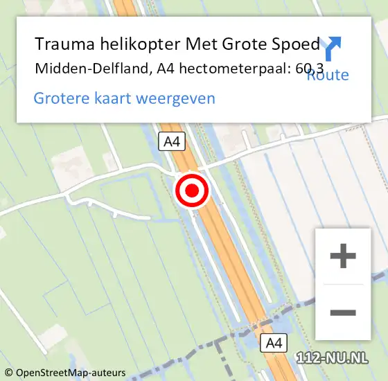 Locatie op kaart van de 112 melding: Trauma helikopter Met Grote Spoed Naar Midden-Delfland, A4 hectometerpaal: 60,3 op 4 augustus 2024 15:40