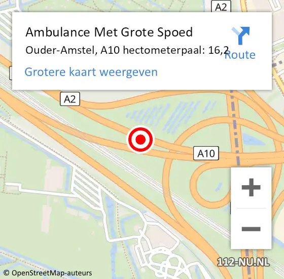 Locatie op kaart van de 112 melding: Ambulance Met Grote Spoed Naar Ouder-Amstel, A10 hectometerpaal: 16,2 op 4 augustus 2024 16:41