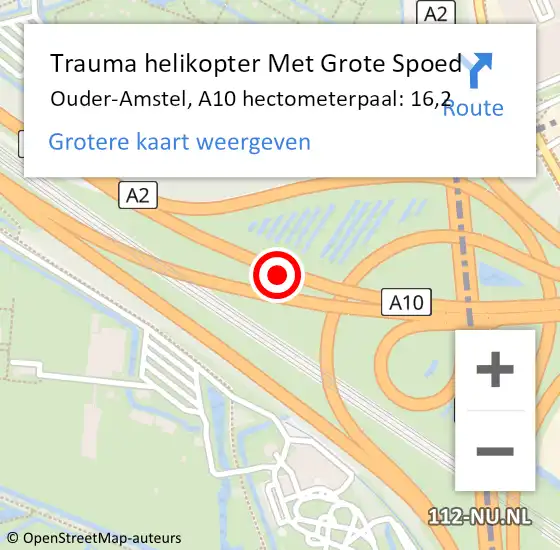 Locatie op kaart van de 112 melding: Trauma helikopter Met Grote Spoed Naar Ouder-Amstel, A10 hectometerpaal: 16,2 op 4 augustus 2024 16:55