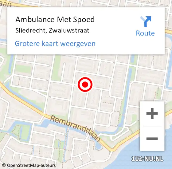 Locatie op kaart van de 112 melding: Ambulance Met Spoed Naar Sliedrecht, Zwaluwstraat op 4 augustus 2024 21:03