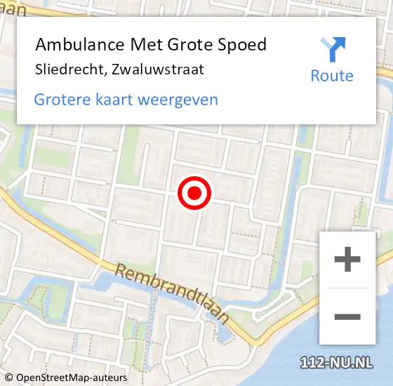 Locatie op kaart van de 112 melding: Ambulance Met Grote Spoed Naar Sliedrecht, Zwaluwstraat op 4 augustus 2024 21:07