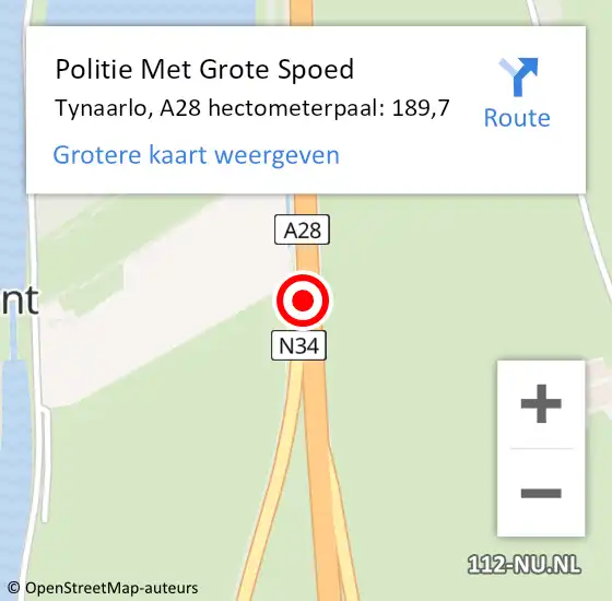 Locatie op kaart van de 112 melding: Politie Met Grote Spoed Naar Tynaarlo, A28 hectometerpaal: 189,7 op 4 augustus 2024 21:36