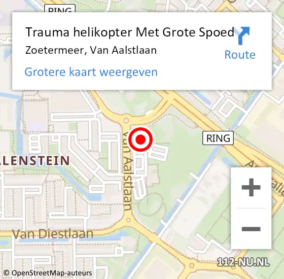 Locatie op kaart van de 112 melding: Trauma helikopter Met Grote Spoed Naar Zoetermeer, Van Aalstlaan op 4 augustus 2024 21:45