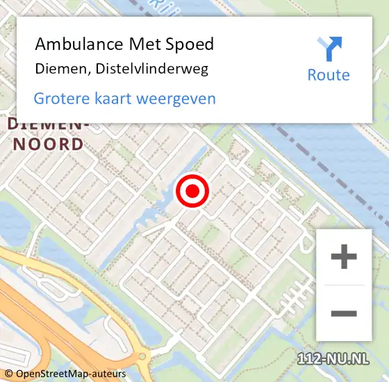 Locatie op kaart van de 112 melding: Ambulance Met Spoed Naar Diemen, Distelvlinderweg op 4 augustus 2024 22:03