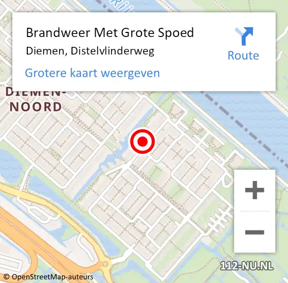 Locatie op kaart van de 112 melding: Brandweer Met Grote Spoed Naar Diemen, Distelvlinderweg op 4 augustus 2024 22:22