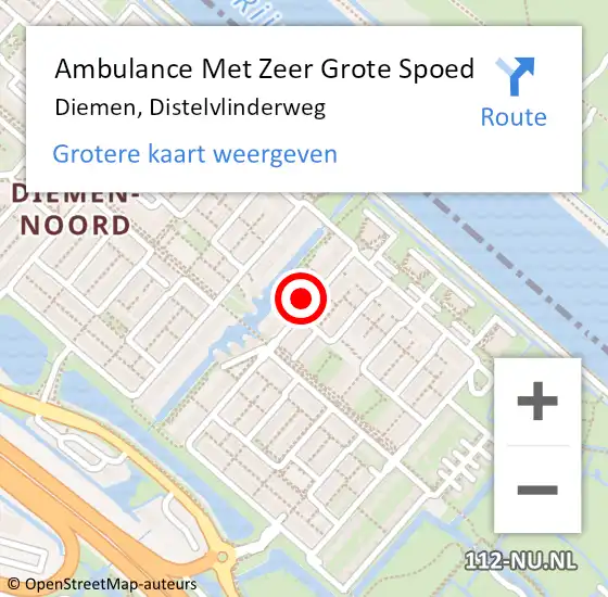 Locatie op kaart van de 112 melding: Ambulance Met Zeer Grote Spoed Naar Diemen, Distelvlinderweg op 4 augustus 2024 22:22