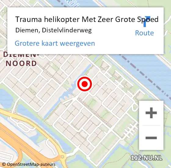 Locatie op kaart van de 112 melding: Trauma helikopter Met Zeer Grote Spoed Naar Diemen, Distelvlinderweg op 4 augustus 2024 22:23
