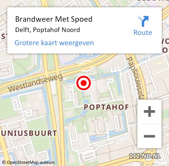 Locatie op kaart van de 112 melding: Brandweer Met Spoed Naar Delft, Poptahof Noord op 4 augustus 2024 23:55