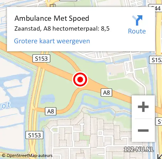 Locatie op kaart van de 112 melding: Ambulance Met Spoed Naar Zaanstad, A8 hectometerpaal: 8,5 op 5 augustus 2024 01:06