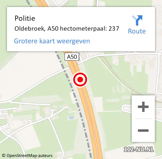 Locatie op kaart van de 112 melding: Politie Oldebroek, A50 hectometerpaal: 237 op 5 augustus 2024 02:32