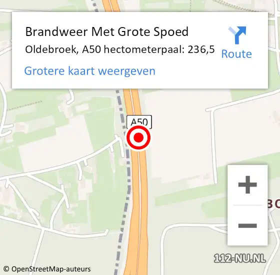 Locatie op kaart van de 112 melding: Brandweer Met Grote Spoed Naar Oldebroek, A50 hectometerpaal: 236,5 op 5 augustus 2024 02:37