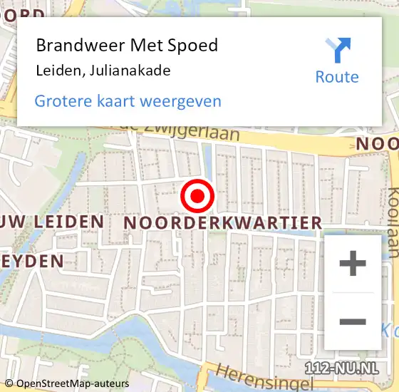 Locatie op kaart van de 112 melding: Brandweer Met Spoed Naar Leiden, Julianakade op 5 augustus 2024 06:14