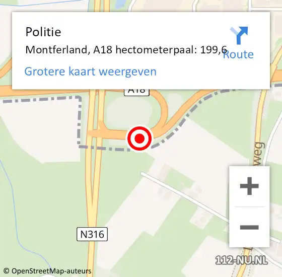 Locatie op kaart van de 112 melding: Politie Montferland, A18 hectometerpaal: 199,6 op 5 augustus 2024 06:42