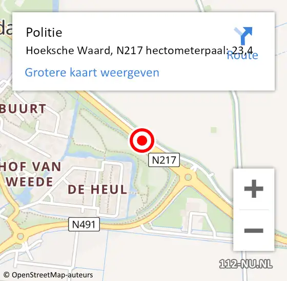 Locatie op kaart van de 112 melding: Politie Hoeksche Waard, N217 hectometerpaal: 23,4 op 5 augustus 2024 06:45