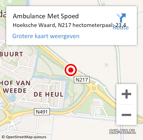 Locatie op kaart van de 112 melding: Ambulance Met Spoed Naar Hoeksche Waard, N217 hectometerpaal: 23,4 op 5 augustus 2024 06:47